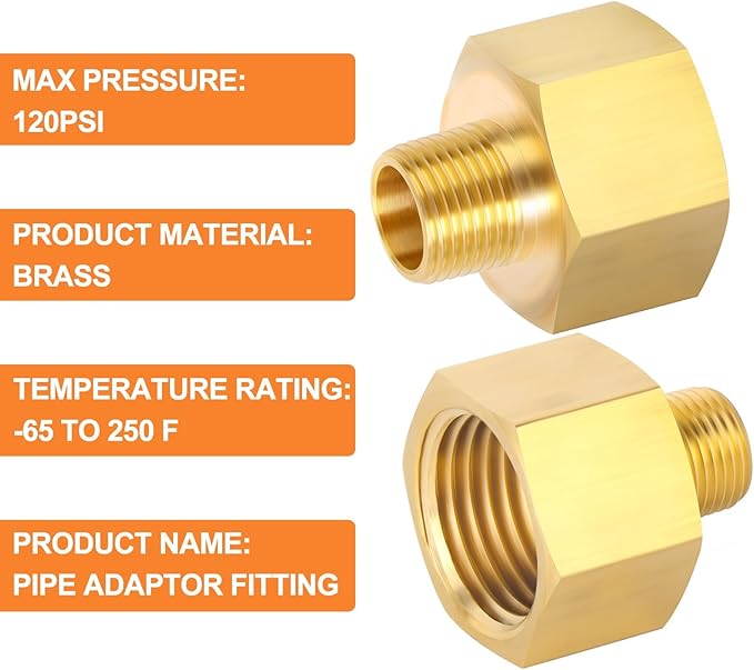 GASHER 8PCS Brass Pipe Fitting, Reducer Adapter, 1/2-Inch Male Pipe x 1/8-Inch Female Pipe