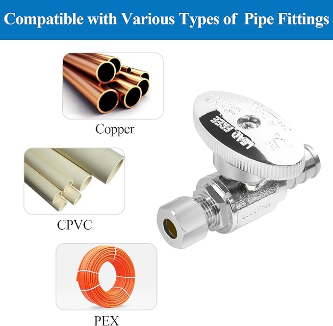 WiseWater PEX Straight Stop Valve 1/2" PEX x 1/4" Compression, 1/4 Turn Shut Off Valve with 10 Stainless Steel Clamps for Easy Installation, Heavy Duty Chrome Plated Brass for Sink & Toilet (10-Pack)