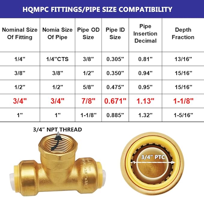 HQMPC Pex Fittings Tee Female 3/4" No Lead Push Fit Female Plumbing Tee Push-to-Connect Plumbing Fitting Brass Pipe Connector T Fit for Copper PEX CPVC 6Pcs