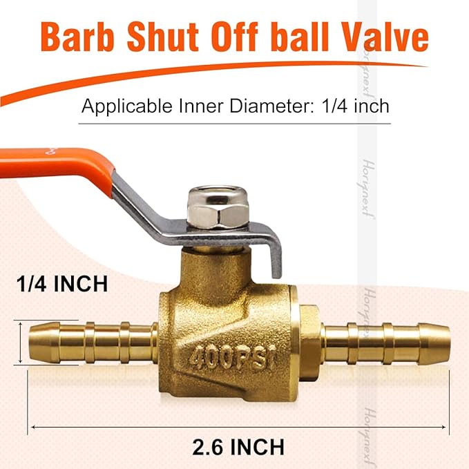 1/4 inch brass mini shut off barb ball valve for water fuel hose gas line rv air tubing, straight inlet manifold petcock (1pc with clamps kit)