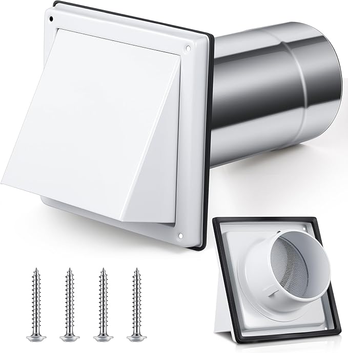 Gisafai 4" Dryer Vent Cover Outside with Stainless Steel Guard Wall Dryer Exhaust Cap and Removable Extended Pipe Vent Shroud Hood Cushioned Non Return Flap with Sealing Gasket Grille(White)