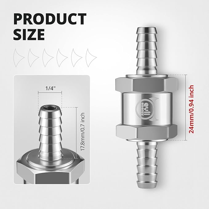 EVIL ENERGY 1/4'' (6mm) Check Valve, 2 Pcs Aluminum One Way Fuel Check Valve for Gasoline, Diesel & Coolant with Universal Hose Clamps, Silver