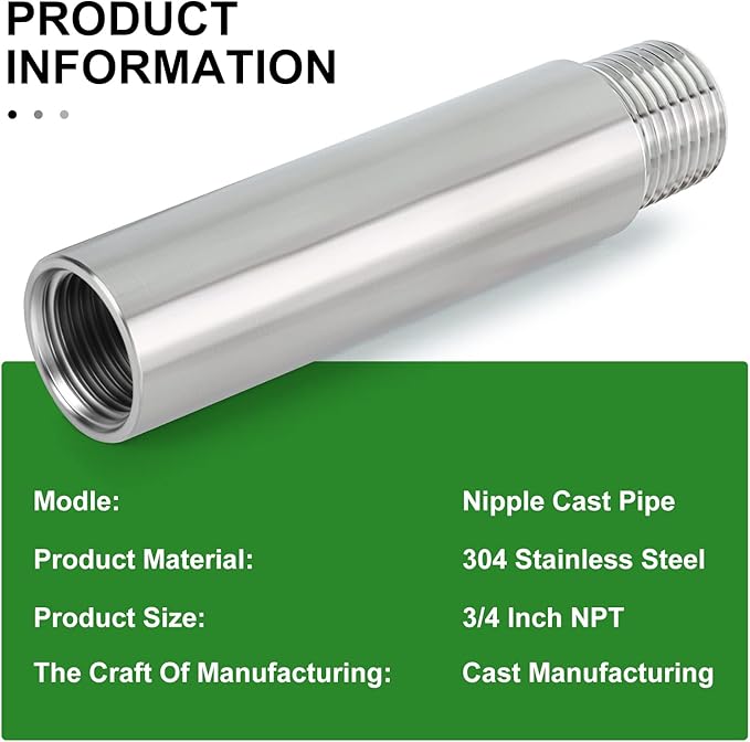 TAISHER 2PCS Stainless Steel Pipe Fittings, 3/4" NPT Male x 3/4" NPT Female Threaded, 4" Length Nipple Cast Pipe