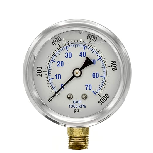 PIC Gauges PRO-201L-254M 0-1000 PSI Pressure Gauge, 2 1/2" Dial, 1/4" Male NPT Connection, Bottom Mount, Dual Scale, Glycerin Filled, Stainless Steel Case/Bezel, Brass Internals & Plastic Lens