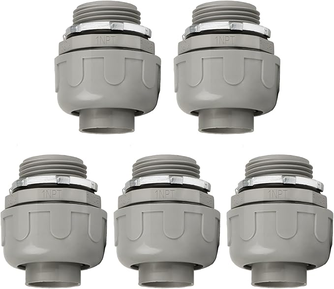 Conduit Connectors, 1 Inch Liquid Tight Connector NPT Non-Metallic for PVC Electrical Flexible Conduit Fittings, 180 Degree Straight, UL Listed for Home Outdoor Tubes Tools, Grey (5-Pack)