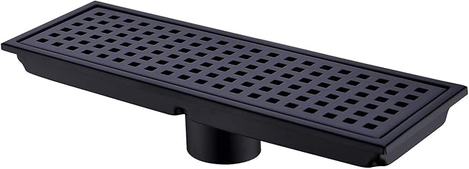 Linear Shower Floor Drain with Removable Cover Grid Grate 12 inch Long Rectangle, SUS 304 Stainless Steel Matte Black Plated Finish