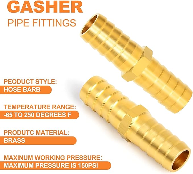 GASHER 10 Pieces Brass Hose Barb Reducer, 1/4 Inch to 1/8 Inch Barb Hose ID with 20 Hose Clam, Brass Barb Reducer SPLICER Fitting Fuel/AIR/Water/Oil/Gas/WOG