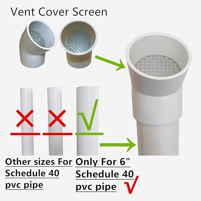 PVC Vent Cap 1 pcs 45-Degree for 6" Schedule 40,PVC Termination Cap,Vent Cover Screen,Round Furnace PVC Pipe Stainless Steel Roof Vent Cap,Installation not Required That PVC Elbow,or Coupling