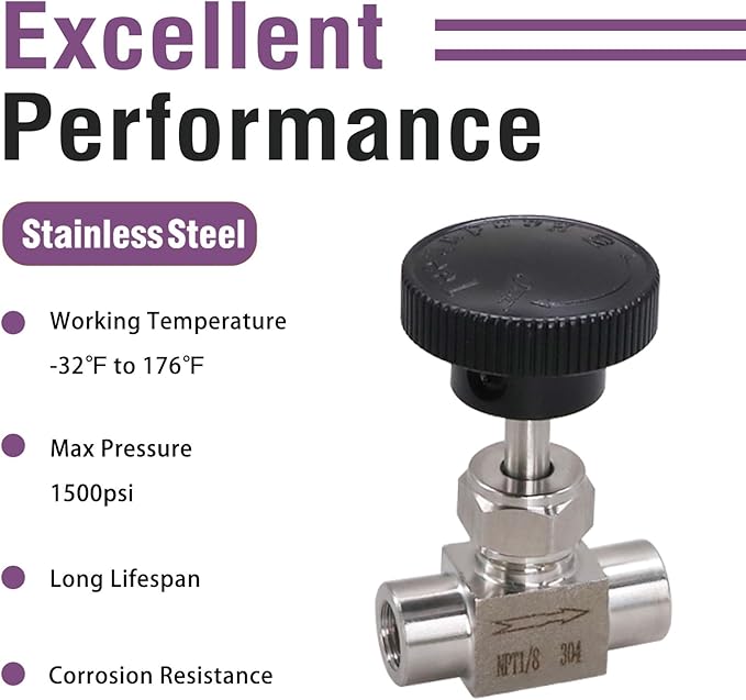 Needle Valve 1/8 NPT Gas Flow Control Valve Stainless Steel Female Thread for Water/Oil, 1PC