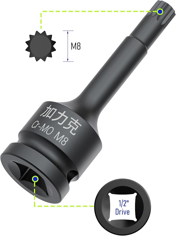 1/2-Inch Drive x M8(8mm） Impact XZN Triple Square Spline Bit Socket, Metric Lengthen Screwdriver Socket Adapter, 3-Inch Length, CR-MO Steel, One-Piece Construction, Black