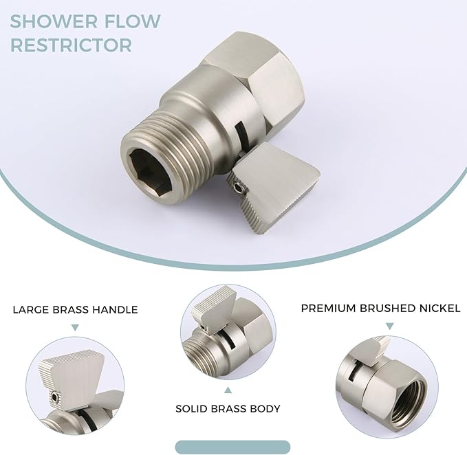 Shower Head Shut off Valve, Brass Water Flow Restrictor with Lever Handle, Brushed Nickel