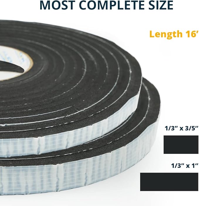 Alenor EPDM Black Foam Insulation Tape Self Adhesive 1/3"x1" x 16' Ft –Pack of 1- Weather Stripping for Doors & Windows,Soundproofing,Door Seal,Weatherstrip,Pipe Cooling,Air Conditioning Seal Strip