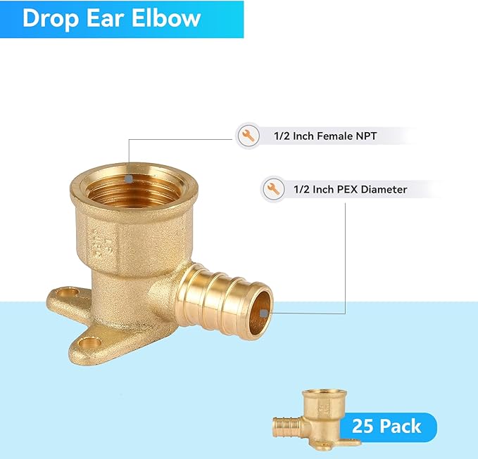 GUOFIS(Pack of 25) Pex 1/2 Inch x 1/2 Inch Female NPT Drop Ear Elbow,PEX Brass Fittings for Transition from Pex to Threaded(PEX1807260)