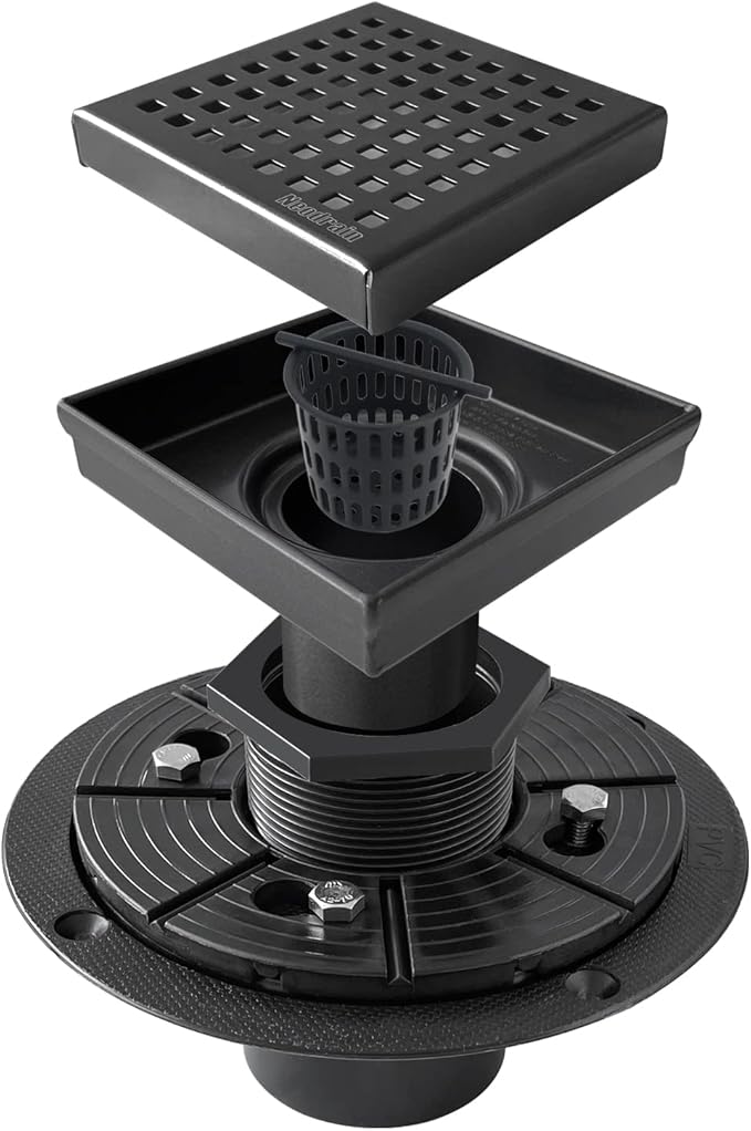 Neodrain 4-Inch Square Shower Drain with Removable Quadrato Pattern Grate, 304 Stainless Steel, Includes PVC Shower Drain Base&Hair Strainer, Shiny Black