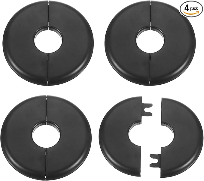 HARFINGTON 4pcs Wall Split Flange 22.5mm/0.9" Self-Adhesive Plumbing Cover Plates ABS Plastic Round Escutcheon Plate Buckle Design for Water Pipe Bathroom Kitchen Decoration, Black