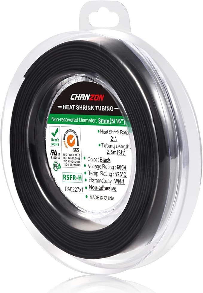 Chanzon 2:1 Ratio 5/16" (8mm) Heat Shrink Tubing 8Ft Roll (2.5M Total Length) Black Polyolefin Sleeving Wrap Shrinking 2 to 1 1pcs