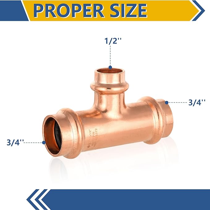 100-Pack GUOFIS Copper Press Tee,3/4" x 3/4"x 1/2" Tee Fittings for Copper Tube Connection with Stop(PRESS018-100Pack)