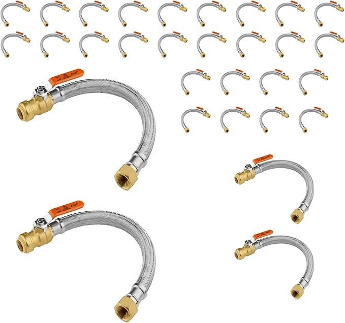 (30 Pack) Seelink 15-Inch Stainless Steel Flexible Heater Hose, 3/4 Inch Push-fit Ball Valve x 3/4 Inch FIP, Push-to-Connect for Copper, PEX, and CPVC