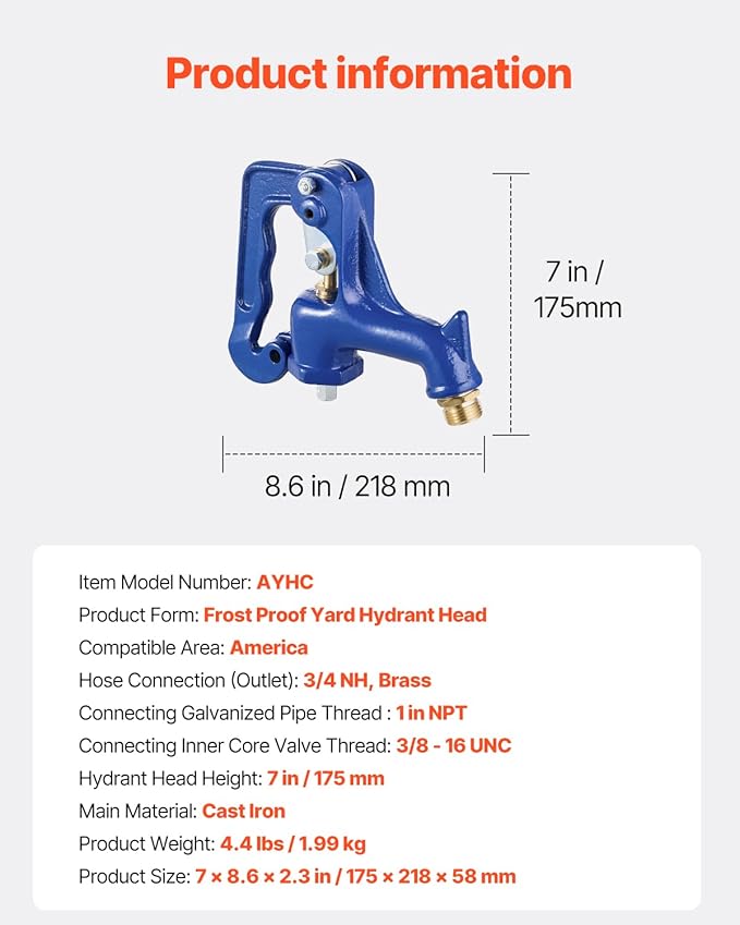 VEVOR Frost Free Outdoor Faucet, Freeze Proof Yard Hydrant Complete Head Assembly, with 1" NPT Galvanized Pipe Thread & 3/4" Hose Connection for Yard, Garden, Pasture Irrigation (Pipe Not Included)
