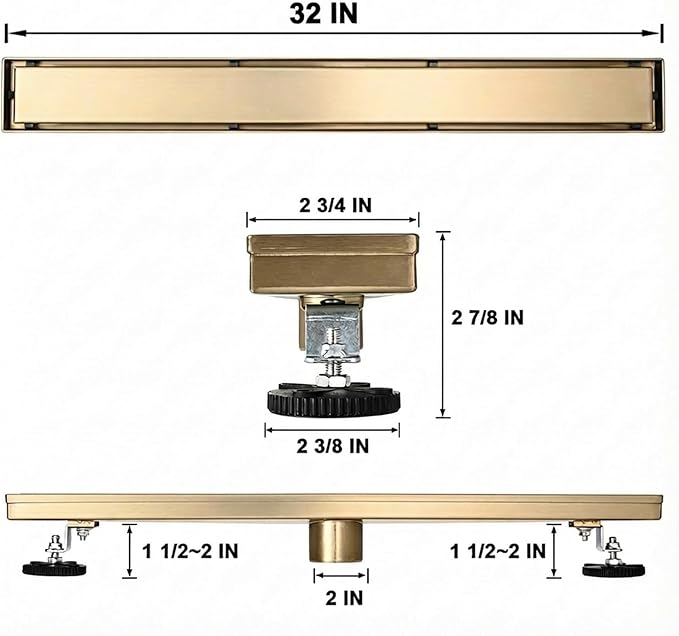 Linear Shower Floor Drain, Brushed Gold 32 Inch 304 Stainless Steel Bathroom Drains Kit, Rectangular Shower Trench Drain with Reversable Tile-in Pattern Drain Cover & Hair Catcher