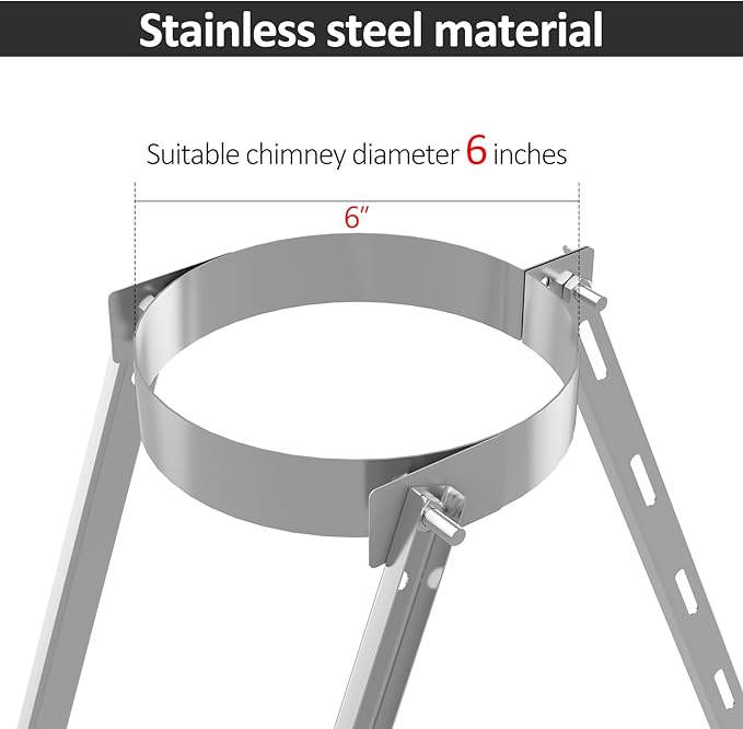 Adjustable Stainless Steel Chimney Roof Support Bracket Kit,6 Inch Extended Height-Adjustable,Triangle Design for Wind Stability,Stove Pipe