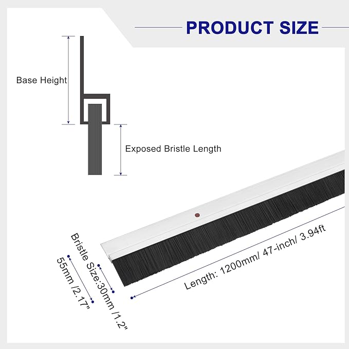uxcell 2Pcs Door Brush Bottom Sweep H-Shape Aluminum Alloy Base with 1.2-inch PP Brush for Home, Industrial (47-inch L, Silver)