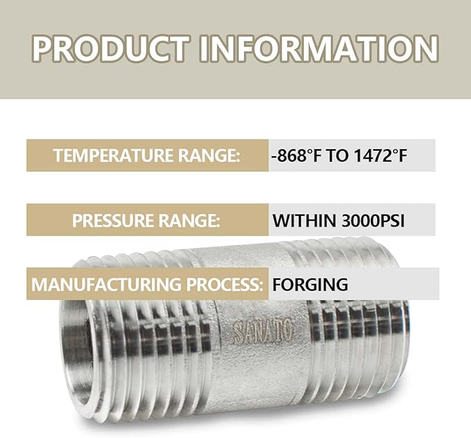 SANATO 3 Pcs SS 304 Forging Nipple Cast Piple, 3/4" NPT x 3/4" NPT Male Threaded, 50mm Piple Fittings