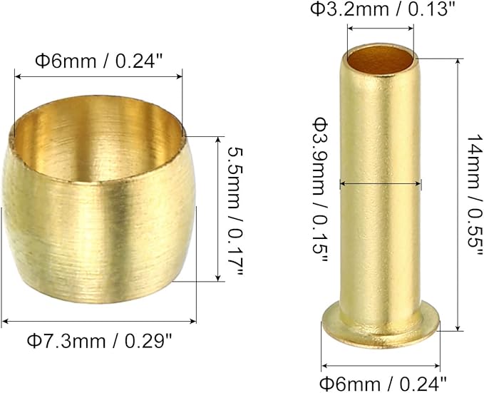 Patikil 6mm Tube OD Brass Compression Sleeves and Ferrules, 20 Pack Brass Ferrule Compression Insert Fitting Assortment Kit for Air, Water, Gas Pipe