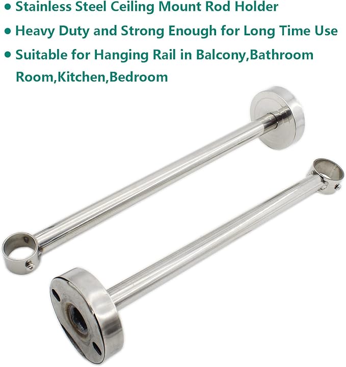 2 Pack Ceiling Mount Bracket, Stainless Steel Wardrobe Pipe Bracket Rod Holder Ceiling Holder, ULIFESTAR Shower Curtain Closet Wardrobe Rod Lever Support Holder Pipe Flange Socket (D*H)26*350mm/1*14''