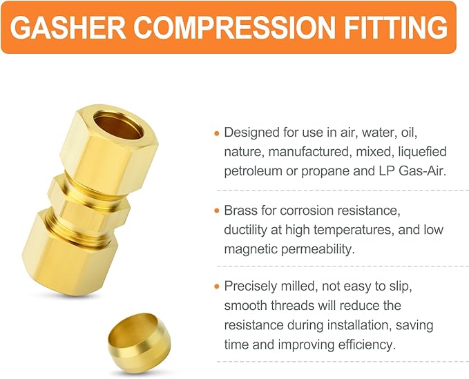 GASHER 67pcs Brass Compression Tube Pipe Fittings Assortment Kit, 1/8"1/4"3/8"1/2"5/8" Tube OD Compression Tube Pipe Fitting Connector&Sleeve Ferrules