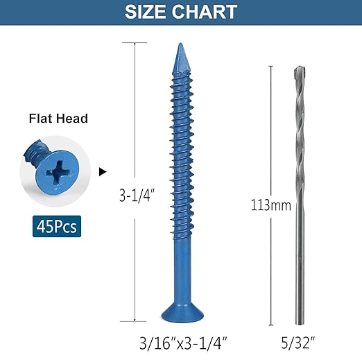3/16 x 3-1/4 Inch 45Pcs Flat Head Concrete Screws, Screws Anchor with Drill Bit,for Masonry, Block, Brick, Cement, Stucco, No Pre Drilling, Diamond Point
