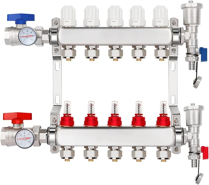 GCCSJ 5 Loops PEX Manifold Radiant Floor Heating Set Stainless Steel Heated Hydronic Heating