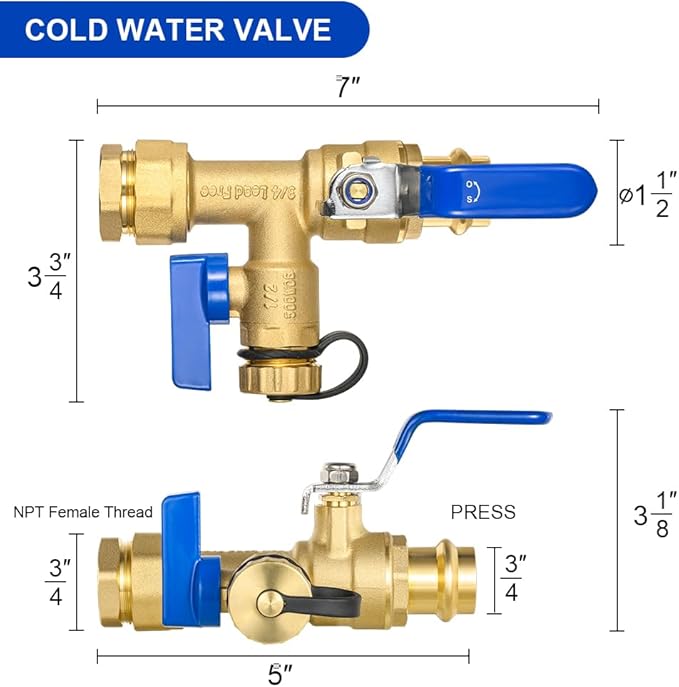 3/4 Inch FIP x 3/4 Inch Press EFIELD IPS Isolator Tankless Water Heater Service Valve Kit, with Pressure Relief Valve,(TOOL055)