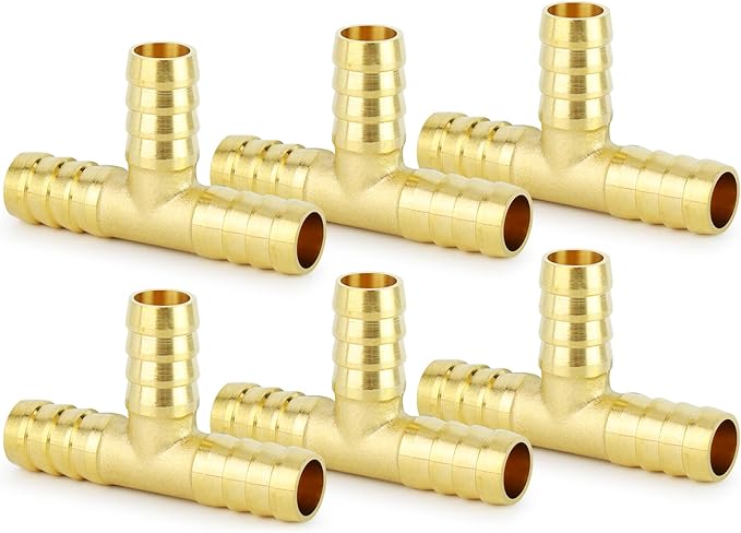 ChillWaves Brass Hose Barb Fittings, Tee 3 way Union Intersection/Splitter Fitting 5/8" Barb x 5/8" Barb x 5/8" Barb For Water/Fuel/Air(6-PACK)