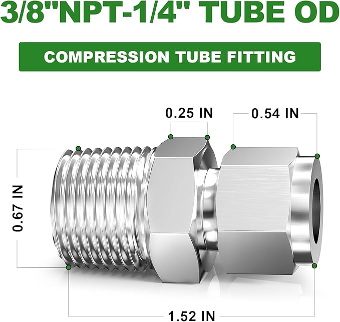 TAISHER 5PCS 304 Stainless Steel Compression Tube Pipe Fitting Connector, 1/4" Tube OD x 3/8" NPT Male Straight Adapter