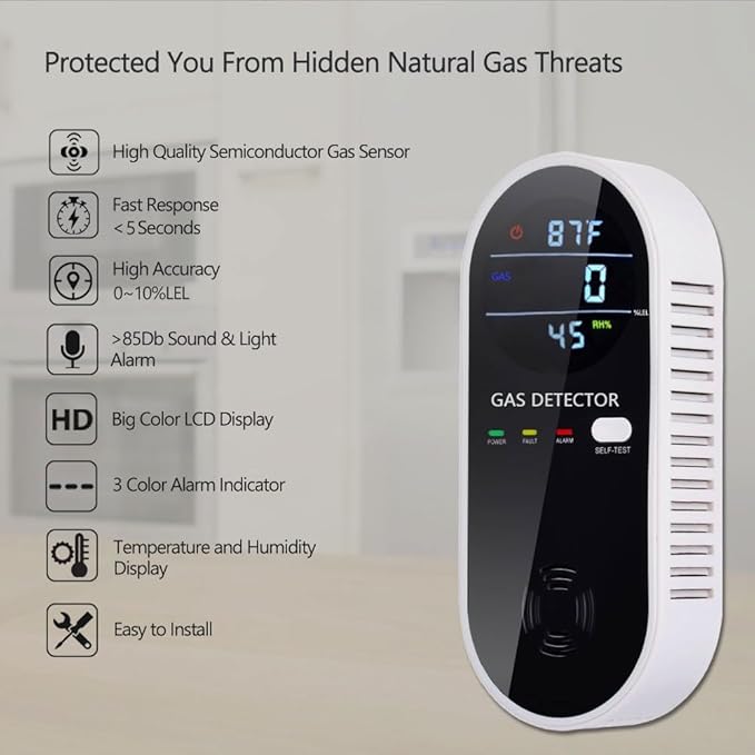 Natural Gas Detector, 3 in 1 Plug-in Propane Gas Detector(Gas, Temperature and Humidity Display), Combustible Gas Detector for Home & RV Gas Leak Detector for LNG, LPG, Methane
