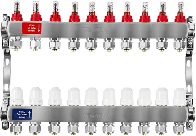 AB 10 Loops PEX Radiant Manifold, 1/2 Inch Compatible Outlets, Up to 1.4 GPM Flow Valve for Hydronic Radiant Floor Heating(1/2" Connectors Included)