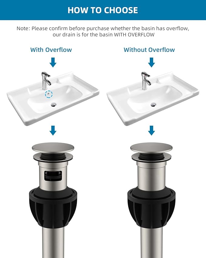 Hibbent 2 Pack Metal Bathroom Sink Drain with Overflow, Push and Seal Pop Up Drain Stopper, Stainless Steel Vessel Lavatory Vanity Sink Drain Stopper, Anti-Clogging Strainer, Brushed Nickel
