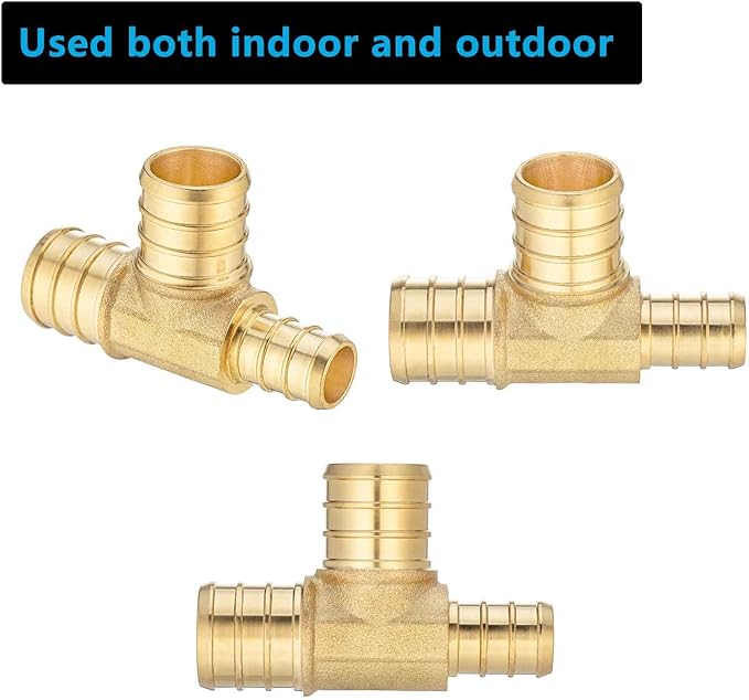 (10 Pack) Lidertik Pex Fittings Reducing Tee Brass Crimp Pipe, 1/2" * 3/4" * 3/4" PEX-B Brass LI-APXT123434(10 Pieces)