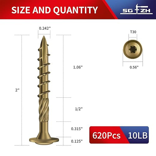 #14 x 2 Inch Lag Screws (620Pcs) 10lb. Structural Wood Screw, Bronze, Carbon Steel, Washer Head, Rust Resistant epoxy Coated, T30 Star Bit