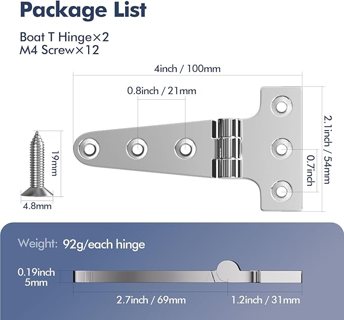 Boat T Type Hinge, Marine Grade Stainless Steel 316 Heavy Duty Strap Butt Hinge Durable Marine Applications for Hatch, Cabinet, Gate, and Door