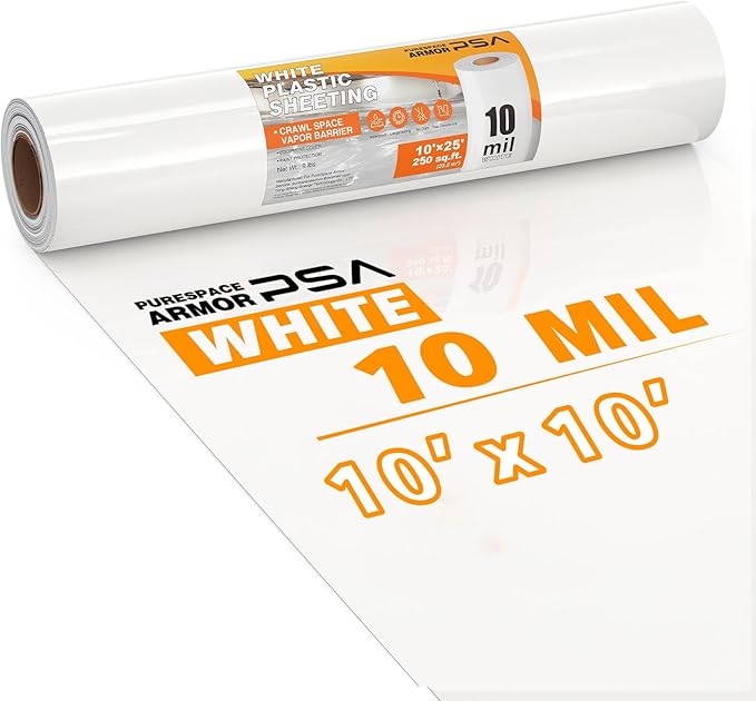 Crawl Space Vapor Barrier, 10mil Film, 10'x10', White Plastic Sheeting - Thick Plastic Sheeting, Heavy Duty Polyethylene Film, Drop Cloth Vapor Barrier Covering for Crawl Space, Garden, Basement