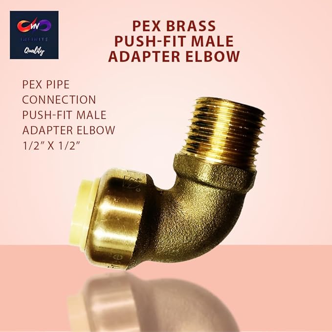 1/2 Inch x 1/2 Inch Brass Push-fit Male Adapter Elbow - Male NPT Threaded Elbow - Push to Connect Pex Copper CPVC (Pack of 2)