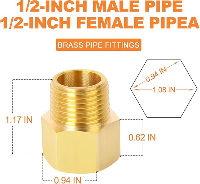 GASHER 5PCS Brass Pipe Fitting, Reducer Adapter, 1/2-Inch Male Pipe x 1/2-Inch Female Pipe