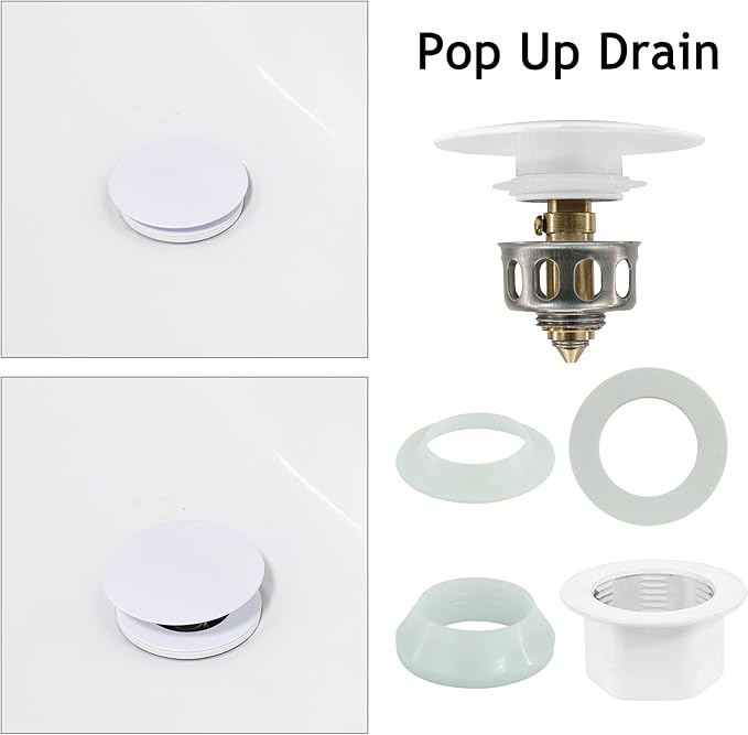 Bathroom Sink Drain,Drain Stopper Bathroom Sink with Overflow,Pop Up Drain Assembly with Detachable Strainer Basket,Built-in Anti-Clogging, Stainless Steel Nut White