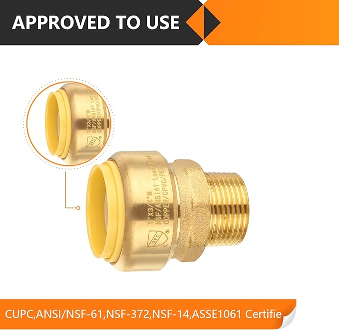 5-Pack HeSun Pushfit Male Adapter, 3/4" MNPT x 1" Push to Connect Plumbing Fittings with Disconnect Clip, Brass Push-fit Fittings for PEX, Copper, CPVC, PE-RT Pipes(PF150-5)