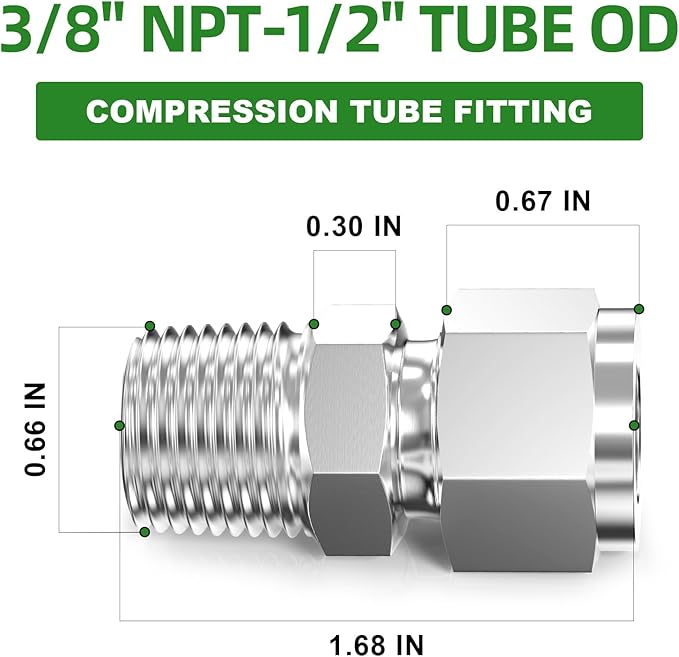 TAISHER 5PCS 304 Stainless Steel Compression Tube Pipe Fitting Connector, 1/2" Tube OD x 3/8" NPT Male Straight Adapter