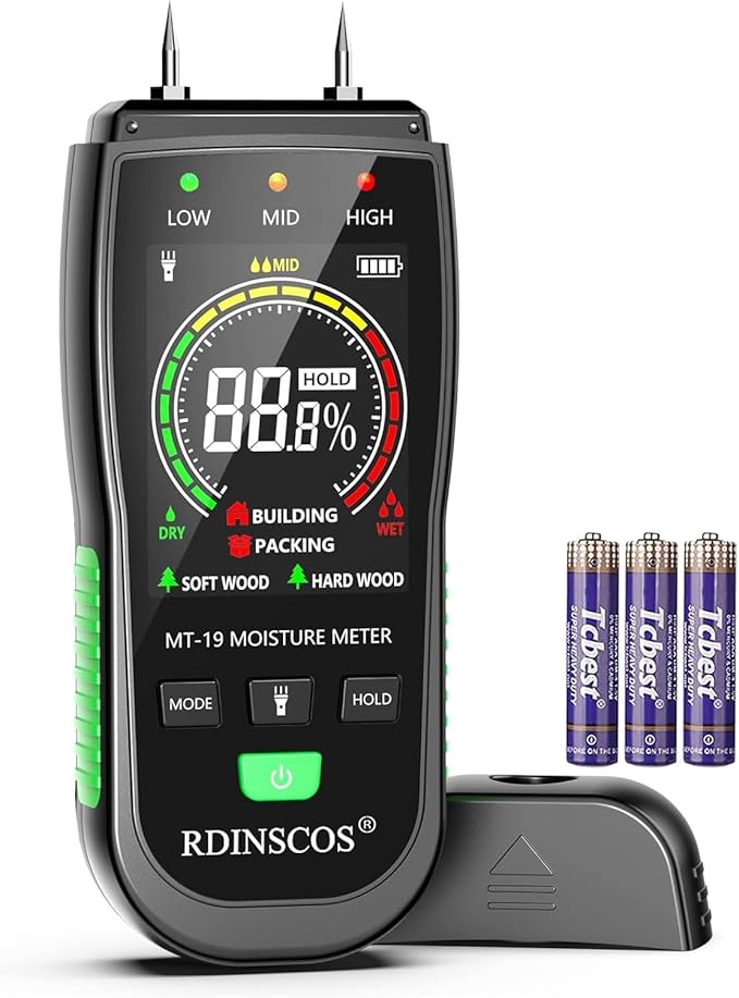 RDINSCOS Digital Moisture Meter – Wood Moisture Meter for Firewood, Drywall & Lumber | Pin-Type Moisture Detector for Woodworking, Home Inspection & Water Damage