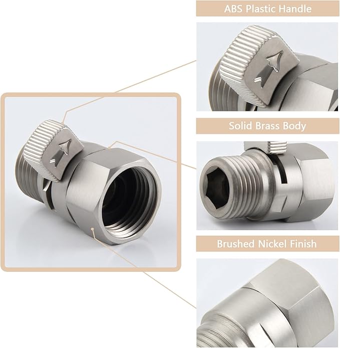 APLusee Shower Head Shut Off Valve, Solid Brass Water Flow Restrictor with Adjustable Lever, Brushed Nickel
