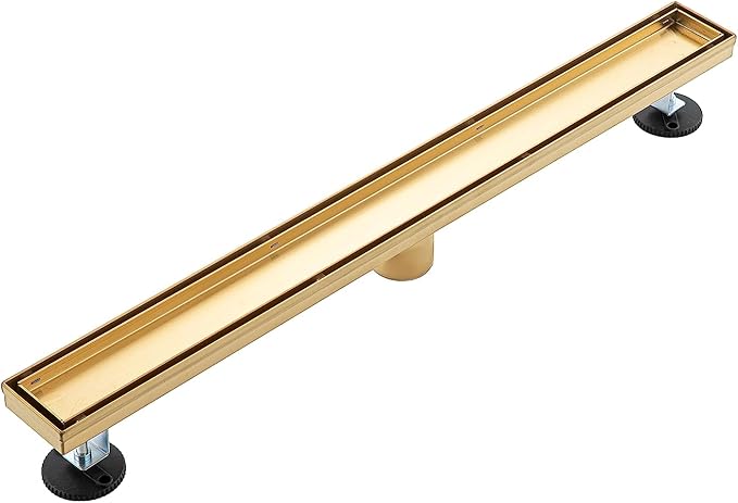 28 inch Linear Shower Drain with Removable Square Hole Panel by Using Brushed 304 Stainless Steel Process, Linear Drain Equipped with Adjustable Feet and Hair Strainer(Brushed Gold Color)